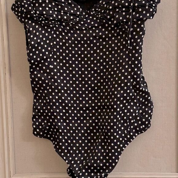 Zara black w white polka dots lycra body suit with shirred top - NWOT - small - Picture 4 of 12